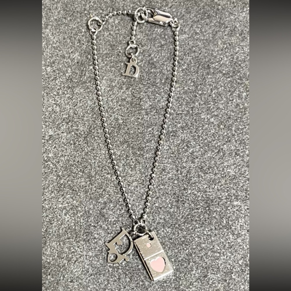 CHRISTIAN DIOR Bracelet Oblique Domino Logo Double Charm Silver Pink + Pouch Bag - Picture 4 of 8
